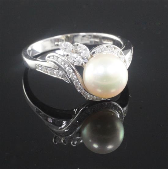 An Italian 18ct white gold, cultured pearl and diamond cluster ring, size T.